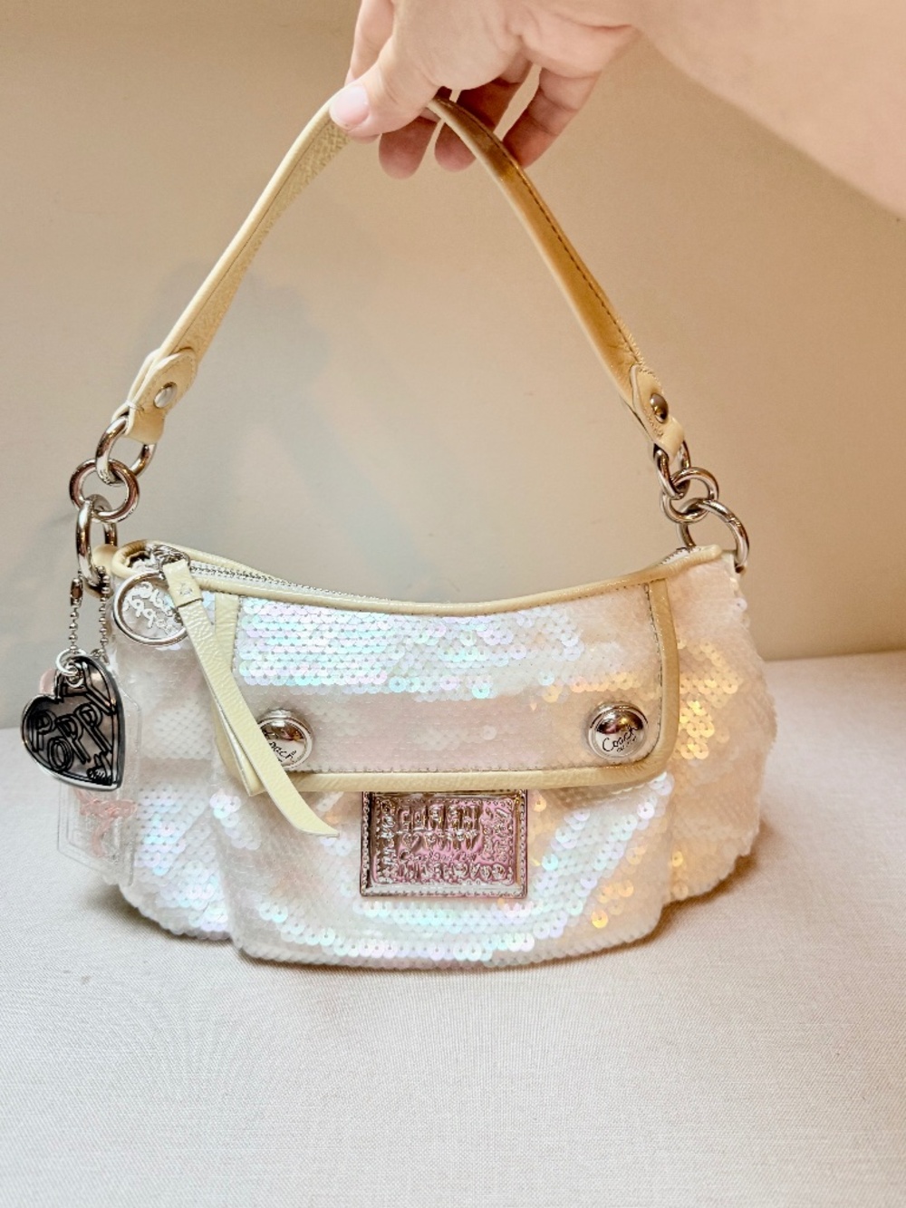 Coach Poppy White Sequin Bag Purse With Attached Charms Clean and Like New - Picture 1 of 15